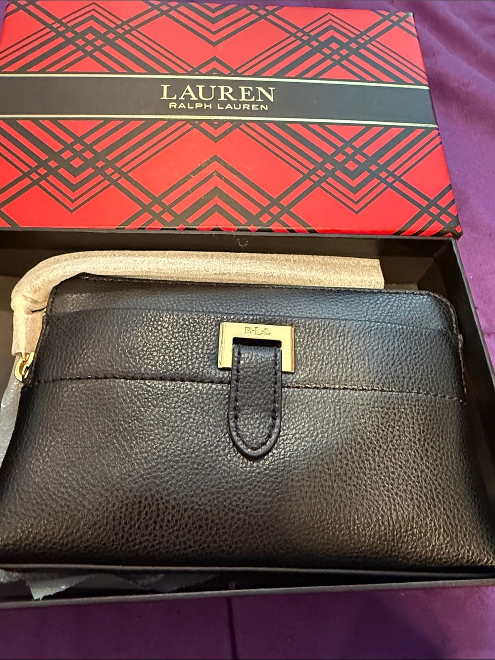 Lauren Ralph Lauren Black Pebbled Leather Wristlet with Gold-Tone Accent